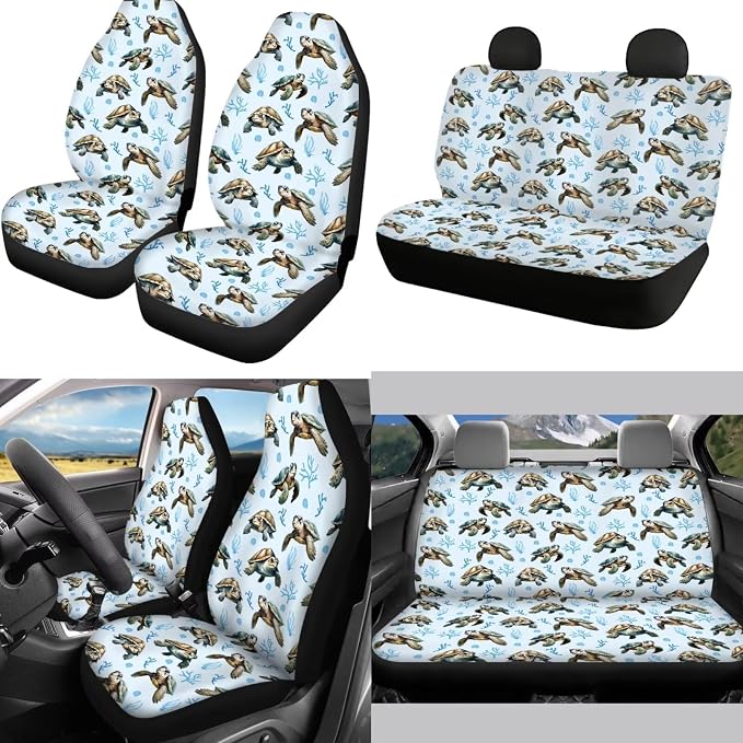 Mumeson Turtle Print Car Accessories Set for Womens Car Seat Covers with Steering Wheel Cover/Seat Belt Pads/Auto Armrest Cushion Full Set 8 Pack Interior Decoration