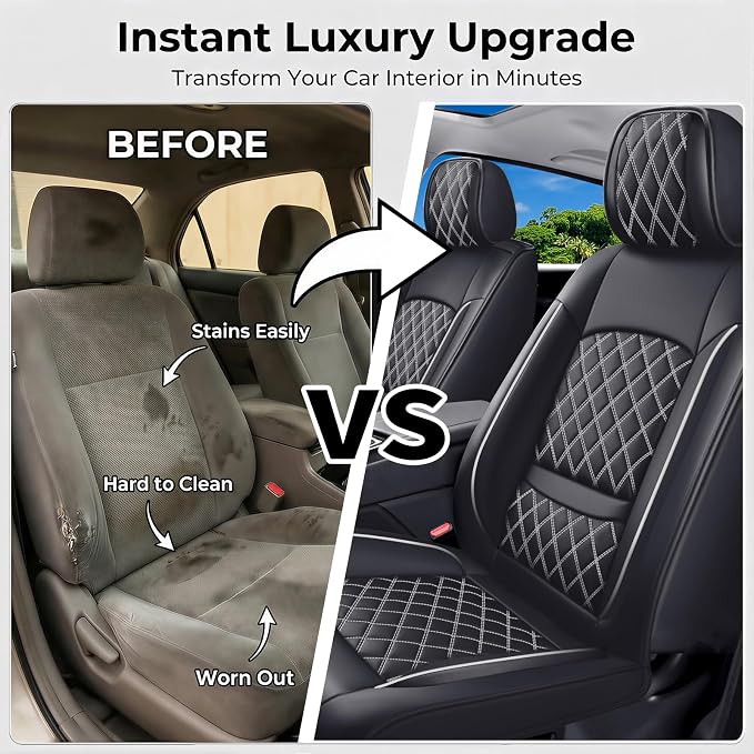 Fit Expedition Car Seat Covers for Ford Expedition 2011-2025 2026(Only 5-Seat Version) - Luxury Leather, All-Weather Seat Cushions, Waterproof, Airbag Compatible, Full 5-Seat Set (Whiteline)