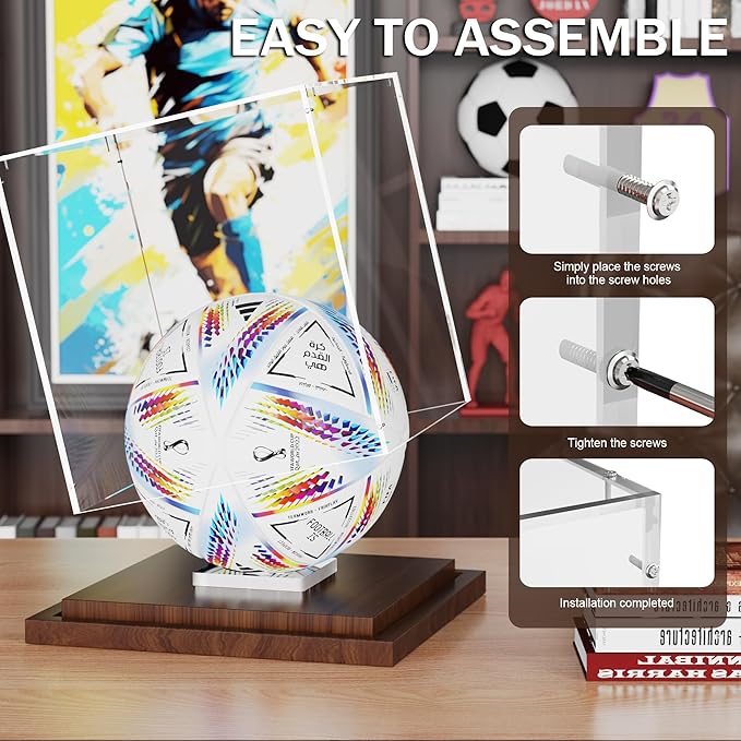 VGMiu Soccer Ball Display Case with Wood Base, Clear Acrylic Display Case Soccer Box with Removable Built-in Ball Holder for Autographed Balls, Sports Collectibles, Memorabilia Displays