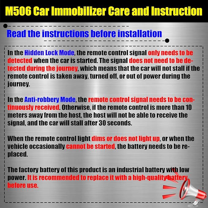 CHADWICK Car Immobilizer Anti-Theft Alarm System, M506 Wireless Engine Lock, Auto Anti-Robbery Device, Intelligent Circuit Cut Off Tool, Universal 12V Car Alarm + 2 Remotes, for Car, Motorcycle