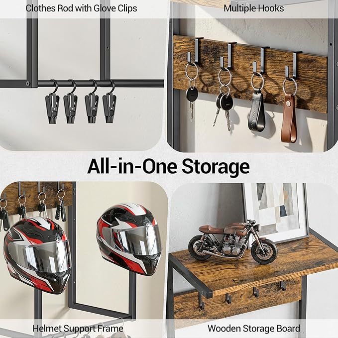 Housolution Motorcycle Helmet Wall Mount, Helmet Holder with 4 Glove Chips and 4 Hooks for Riding Suits & Accessories, Helmet Stand Display for Bike, Caps, Baseballs and Rugby Helmets for Garage