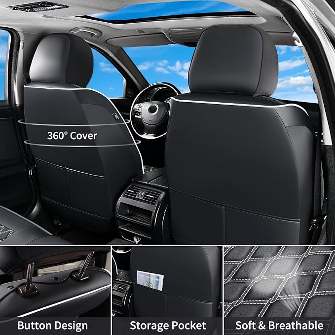 Huidasource F150 Leather Seat Covers Custom Fit for 2015-2026 F150 SuperCrew & 2017-2026 F250 F350 F450 Super Duty Crew Cab XL XLT Lariat King Ranch Platinum(Front Pair/Black&White)