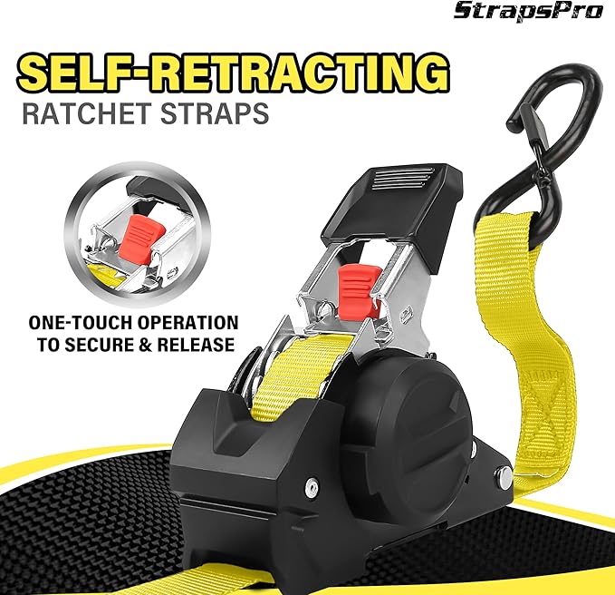 Retractable Ratchet Straps, 1763lb Break Strength Yellow Self Retracting Ratchet Straps Heavy Duty with Soft Loops, 1'' x 10FT Auto Tie Down Straps Easy Retract for Motorcycle, Truck, Cargo, 4 Pack