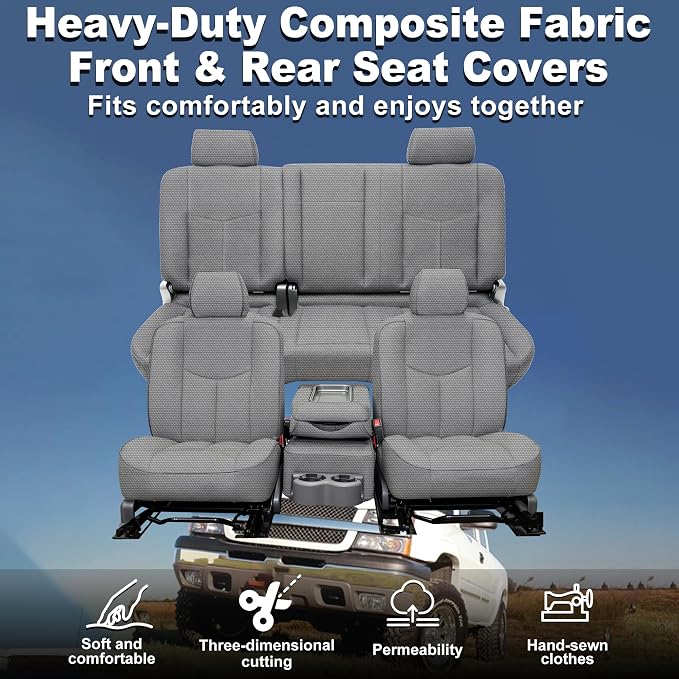 Seat Covers for Chevy Silverado & GMC Sierra 1500 1999 2000 2001 2002 2003 2004 2005 2006 Heavy Duty Cloth Protector Interior Accessories，Waterproof & Machine Washable-Gray (Full)