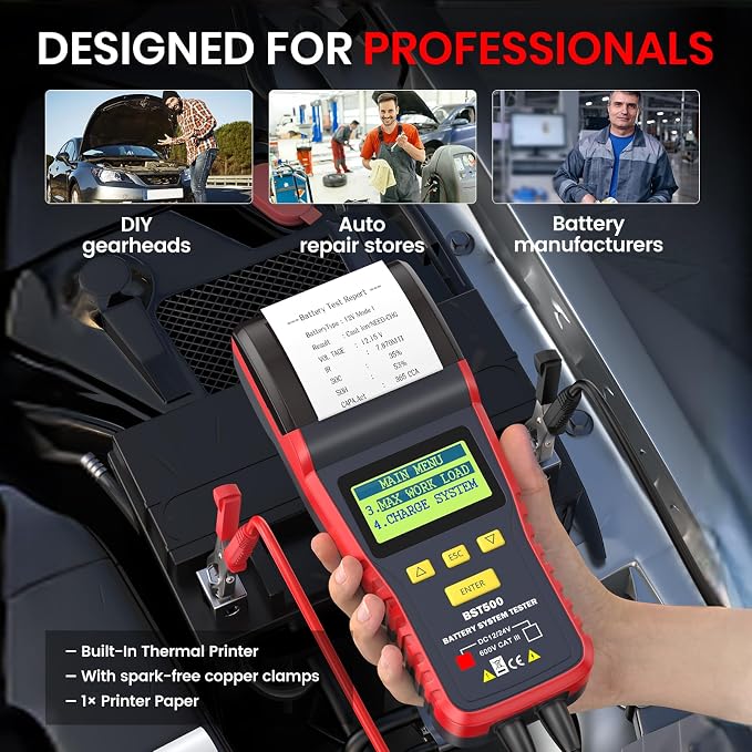 ANCEL BST500 Car Battery Tester with Printer, 12v 24v Automotive Battery Load Tester, Cranking Charging System Analyzer, 99.99% Accuracy for Car Motorcycles Truck SUV ATV RV and More