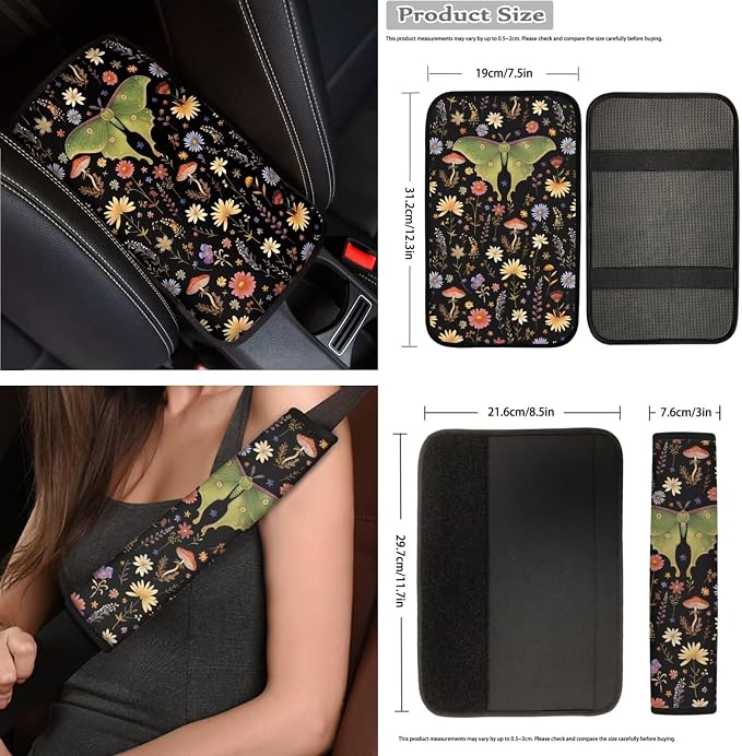 Moth Floral Car Seat Covers Full Set 15 Pcs Universal Car Accessories Steering Wheel Cover Seat Belt Pads Garbage Bag Car Headrest Pillow Covers Armrest Pad