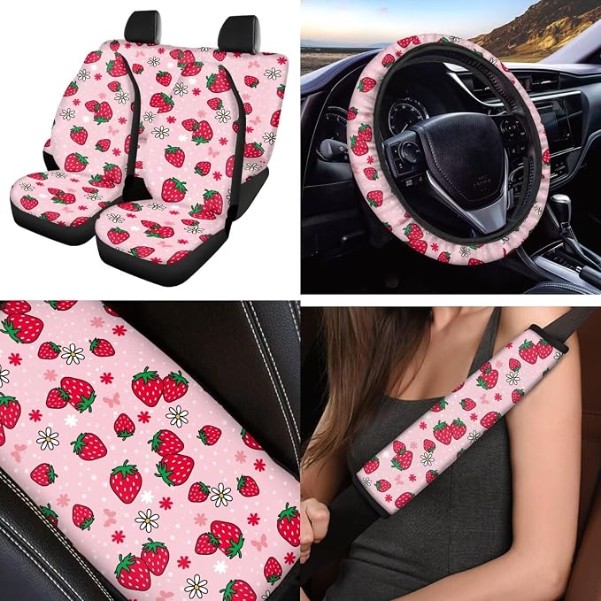 Cute Strawberry Car Seat Covers Full Set 12 Pack with Steering Wheel Cover Center Console Cover Keychain Holder and Car Seat Belt Cover Universal Fit Most Vehicles Cars SUV