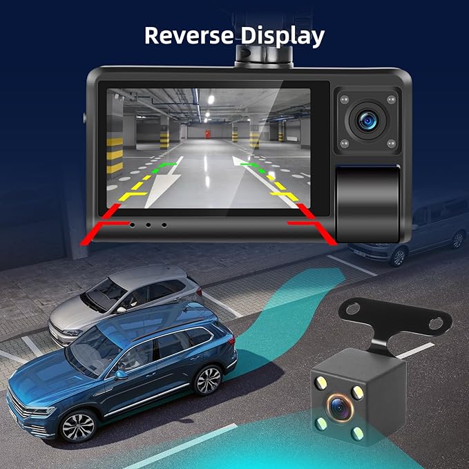 NHOPEEW 3 Channel Dash Cam for Cars, Dash Cam Front and Rear Inside, Bulit-in WiFi: 3 inch IPS Screen, 1080P Triple Dash Camera with 64GB Card, G-Sensor, Loop Record, Night Vision + Rearview Camera