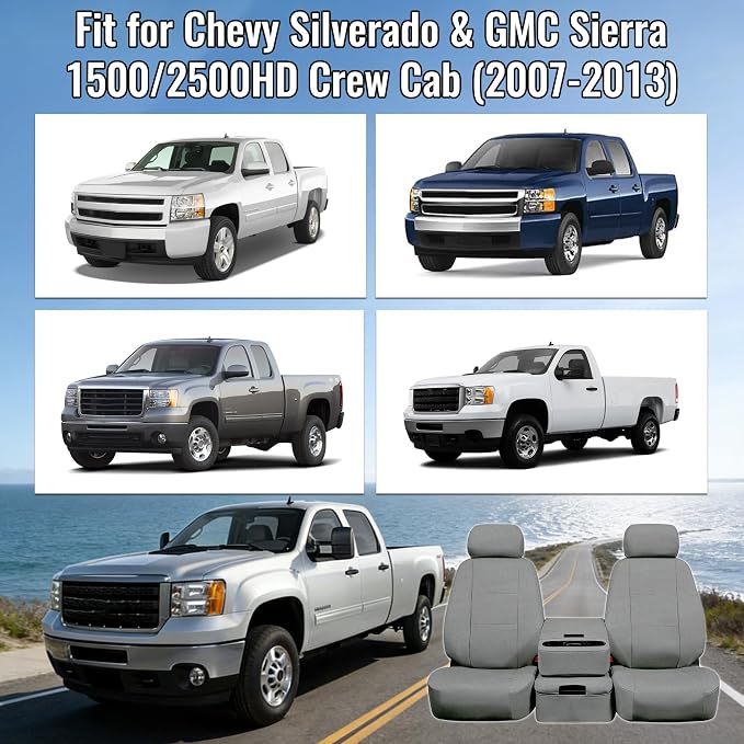 Seat Covers for Chevy Silverado & GMC Sierra 1500/2500HD 2007-2013 Heavy Duty Cloth Protector Interior Accessories，Waterproof & Machine Washable-Gray (Front)