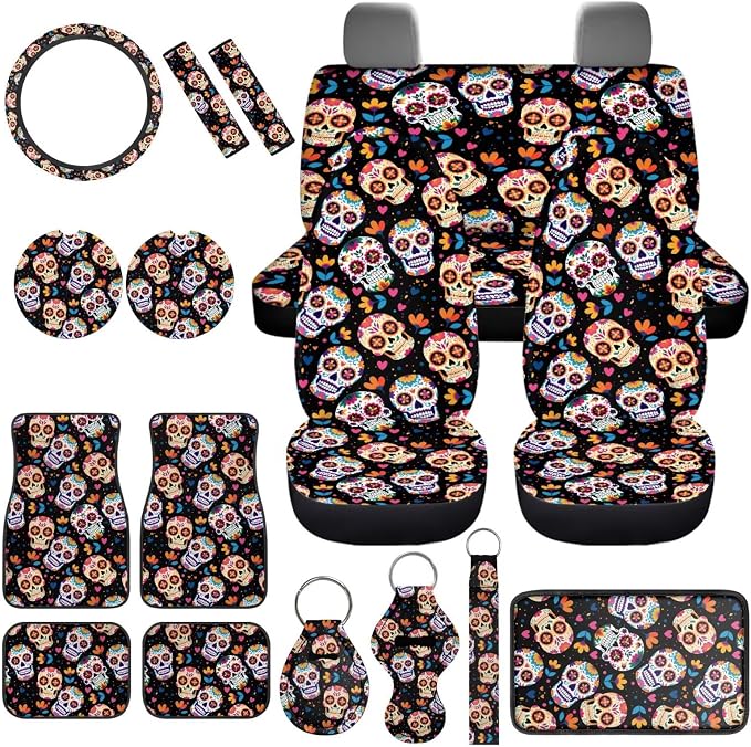 Skull Floral Car Seat Covers Full Set 17 Pack for Women Man Skull Print Car Accessories Set with Seat Belt Cover Pad,Steering Wheel Cover,Armrest Pad,Cup Coasters Car Floor Mats Set of 4