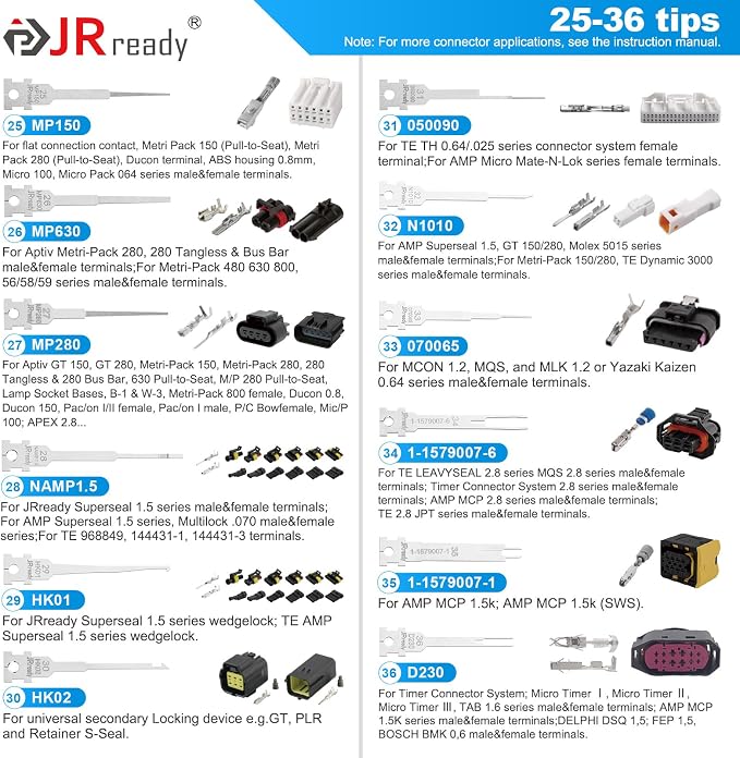 JRready JRconDRK11C38-01 Pin Removal Tool Kit for TE, Deutsch, AMP, Molex, Delphi, Harting, YAZAKI, BYD, JPT Automotive Heavy Duty Electrical Terminal Connector(2PCS Tools+36PCS Replacement Tips)