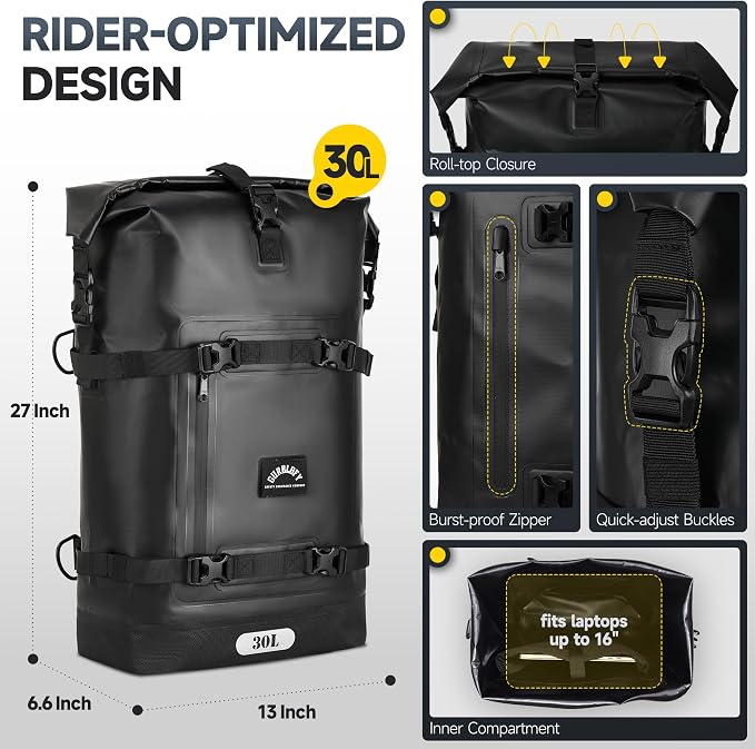 Motorcycle Tail Bag, 30L Waterproof Motorcycle Travel Bag | 2 Size and 3 Color Options Motorcycle Saddle Bag, PVC Luggage Bag, Rear Seat Bag, Classic Black GT-30BL