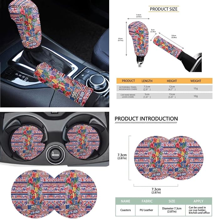 Hibiscus Print Car Seat Covers Set of 18 American Flag Print Car Front Rear Seat Covers with Steering Wheel Cover Safety Belt Pad Armrest Cushion 250 Years Interior Decor for Cars