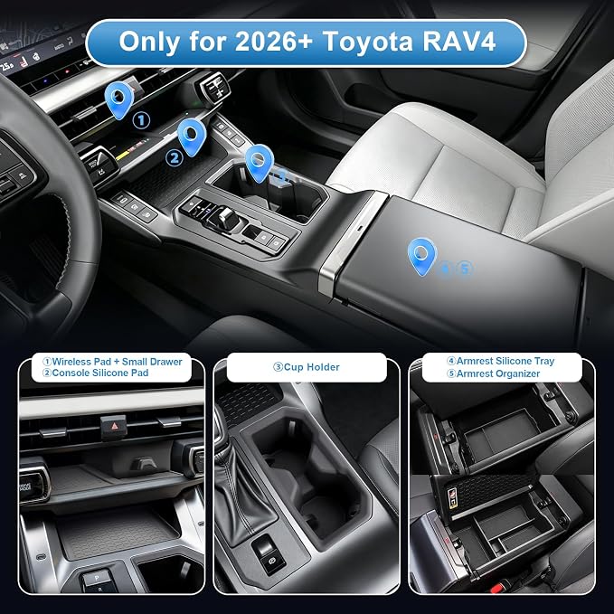 (5Pack) Coleya 2026 RAV4 Center Console Organizer, for Toyota R AV4 (Wireless Charging Mat+Console Mat+Cup Holder+Armrest Tray+Armrest Organizer), Durable Console Tray Insert 2026 R AV4 Accessories