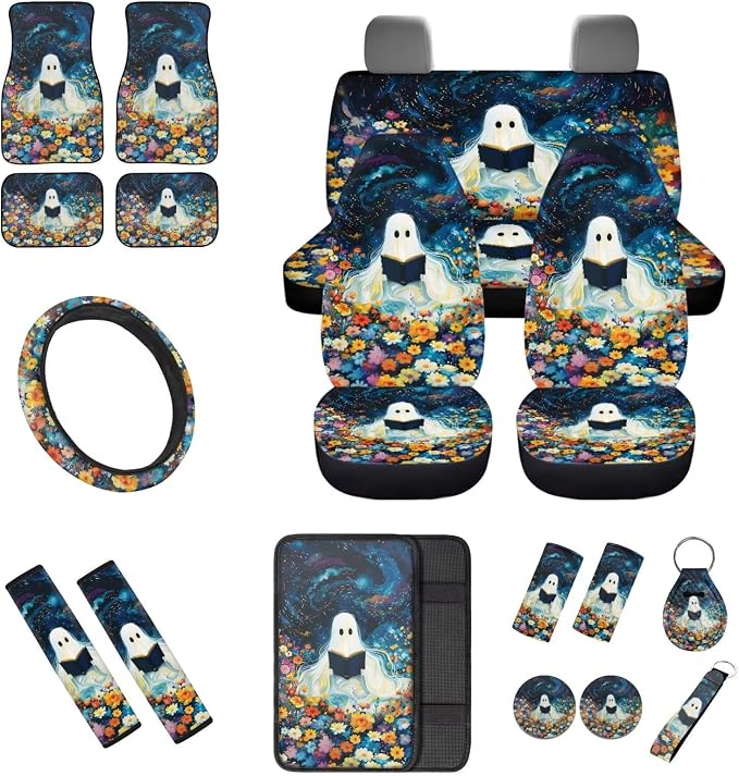 Halloween Ghost Design Car Interior Accessories Set of 18, Car Seat Covers Full Set with Floor Mats Steering Wheel Cover Shoulder Pads Roof Gloves Armrest Pad Cover Cup Coaster Keychains
