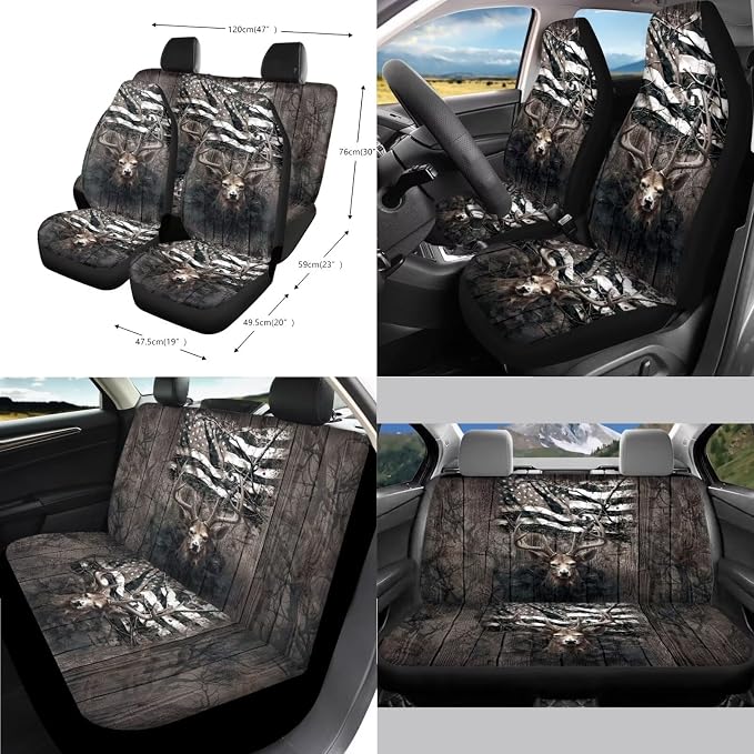 Poceacles Retro American Flag Deer Print Car Accessories for Women Car Seat Cover Steering Wheel Cushion Seat Belt Pads Cup Coaster Lip Chapstick Holder Bag Tissue Holder 13 Pack for Trucks SUV