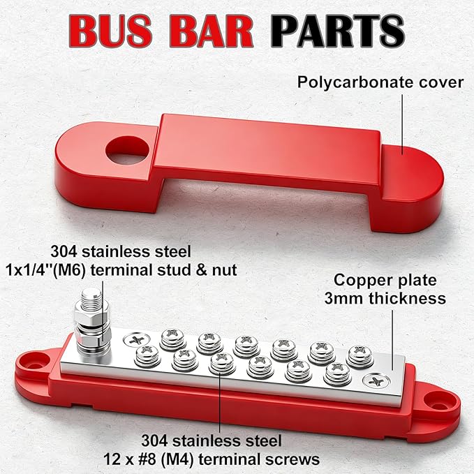 Marine Bus Bar 12V 150A 1/4" Stud Power Distribution Block, Buckle Designed Bottom Battery Busbar, Automotive Buss Bar 12v for Car, Boat and Solar Wiring (Black+Red)