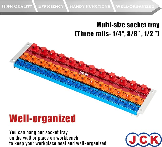 JCK Professional Quality Aluminum Three-Size of Socket Organizer Tray | Holds 42 Sockets | 360 degree rotary positioning studs, moveable secure socket, Socket Rack Kit,1/4 3/8 1/2