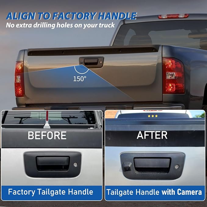 EWAY Tailgate Handle Backup Camera w/16ft 4PIN Extension Cable for 2007-2013 Chevrolet Chevy Silverado GMC Sierra 1500 2500 3500 HD Reverse Back Up Camera Rear Tailgate Latch Handle with Key Hole
