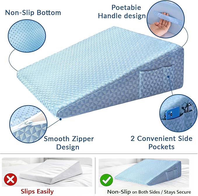 Wedge Pillow 7.5" Bed Wedge After Surgery, Back Pain Relief, Memory Foam Pillow Triangle Incline Wedge for Back Support, Leg Elevation（Blue）