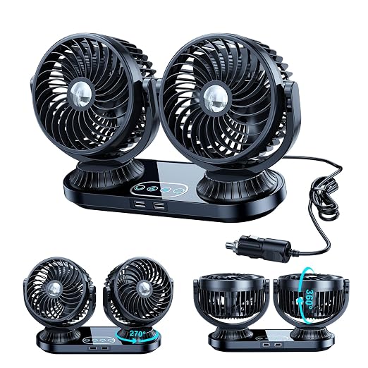 Dual Head Auto Oscillating Car Cooling Fan for Dashboard, DC 12V / 24V Cigarette Lighter Plug Car Fans that Blow Cold Air Cooler for Vehicles Sedan SUV Rv Van Truck Utv Tractor Cab Without AC