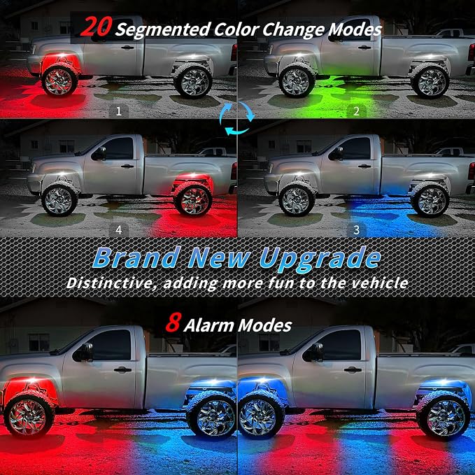 4Pods Metal Segmented RGB LED Rock Lights Kit with APP/RF Remote Control, Multicolor Underglow Neon Aluminum Music Mode Brake Light Waterproof 12V for Trucks Jeep Golf ATV UTV RZR SUV SXS