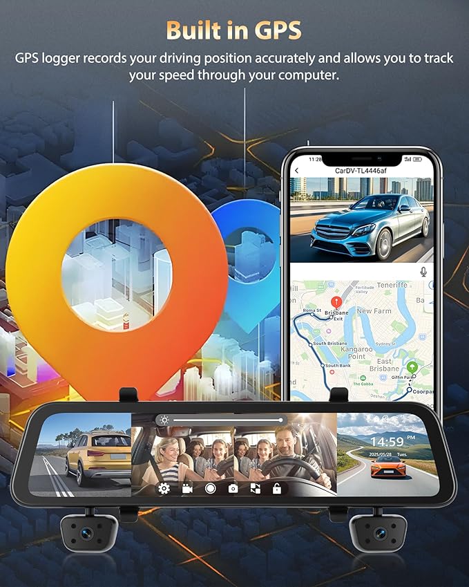 4 Channel Mirror Dash Cam 1080P Front and Rear/Inside 12’’ Touch Screen HD Rearview Mirror Dash Cam with G-Sensor GPS Parking Monitor Built-in WiFi