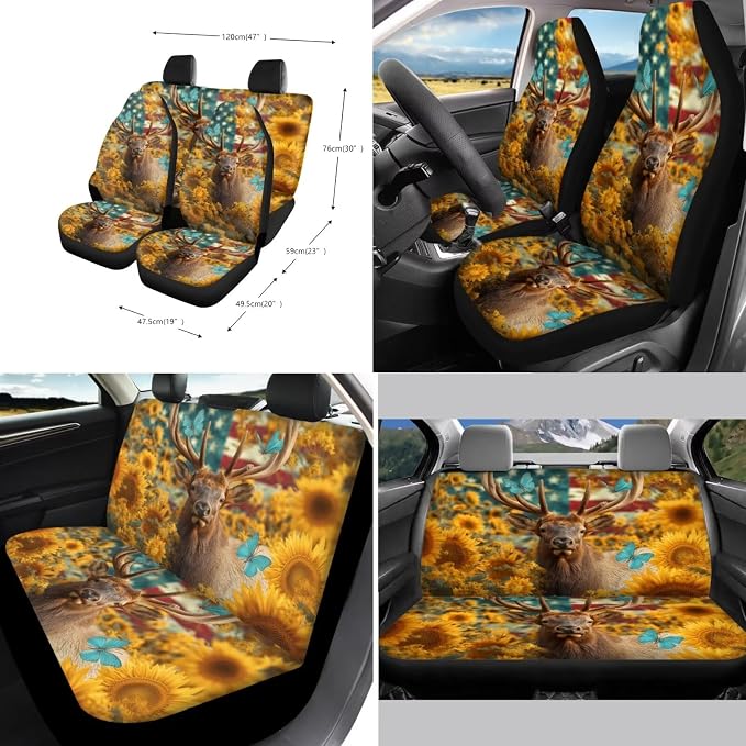 Xoenoiee American Flag Deer Butterfly Sunflower Car Seat Covers and Accessories, Front Rear Seat Covers, Steering Wheel Cover, Seat Belt Pads, Coasters, Keychains for Car SUV Decor, 11 PCS Set