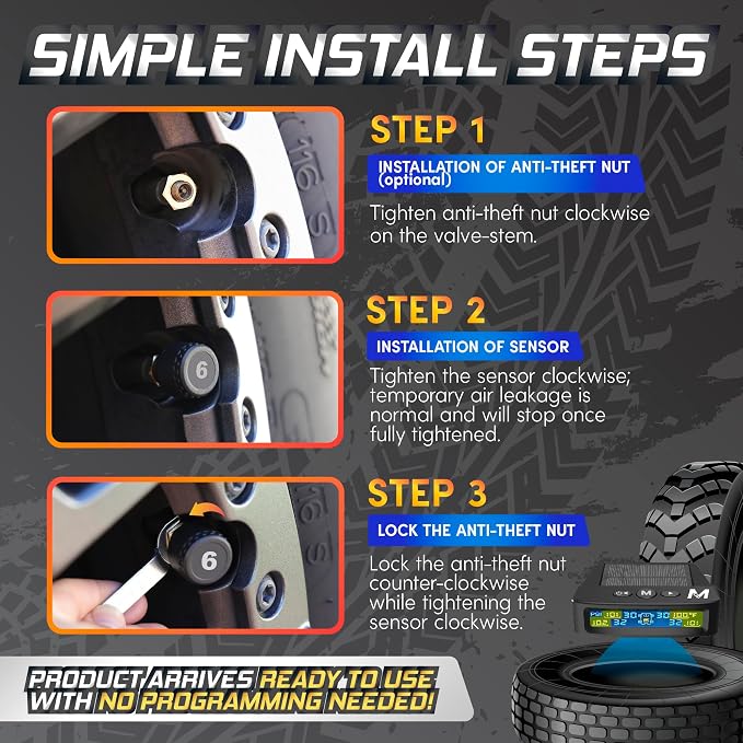 Marcala Tire Pressure Monitoring System - Set of 4 TPMS Sensors for Trailer, RV, Camper, Truck (0-98PSI) | 32ft Extended Range Air Monitor Kit | Solar Charge & 6 Alarm Modes | Be Safe & Prevent Flats