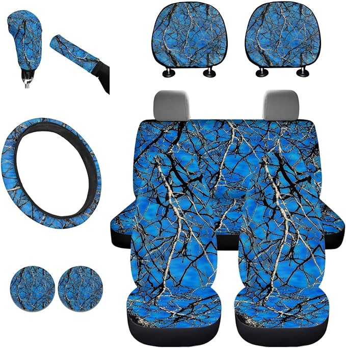 KEIAHUAN Blue Branch Camo Auto Accessories Cars Seat Covers Includes Steering Wheel Cover Headrest Cover Gear Shift Cover Handbrake Cover Cupholder Coaster Universal Fit 11 Pcs for Women Men