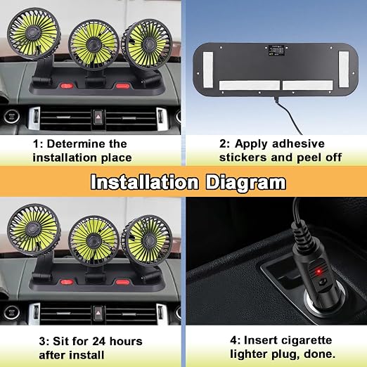 Triple-Head Fan for Car, Portable Car Fans for Vehicles Cars RV Vent with 360°Rotation Cigarette Lighter Plug