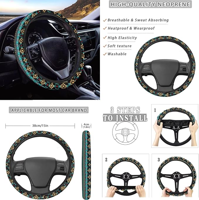 Dreaweet South Western Aztec Seat Covers for Cars Full Set,Native American Seat Cover with Steering Wheel Cover/Center Console Cover/Seatbelt Covers/Coaster/Gear Shift Cover/Handbrake Cover,Universal