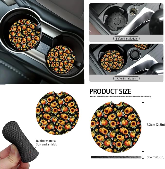 Sunflower Pumpkin Pattern Front and Back Seat Protector, Steering Wheel Cover Seat Belt Pads Trash Can Air Vent Storage Bag Keychain Thanksgiving Decor