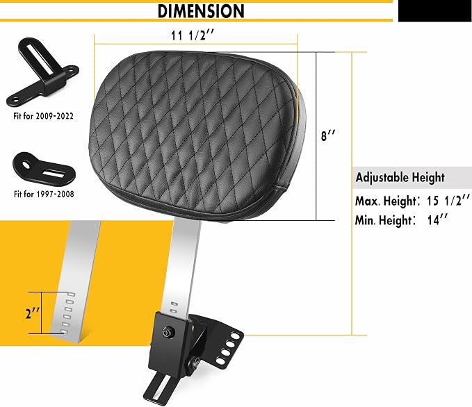 Adjustable Plug-in Driver Rider Backrest Custom Kit for Harley Electra Glides 1997-2026 Made Fit for Touring Models Road King Street Glide (Chrome Finished Stitching Pad)