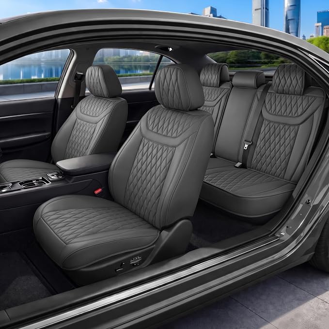 MotorBox Creekstone Series – PU Leather Car Seat Covers Full Set, Cross-Stitch Edition Leather Seat Covers, Diamond Stitched PU Leatherette Gray Seat Covers for Cars Trucks SUVs