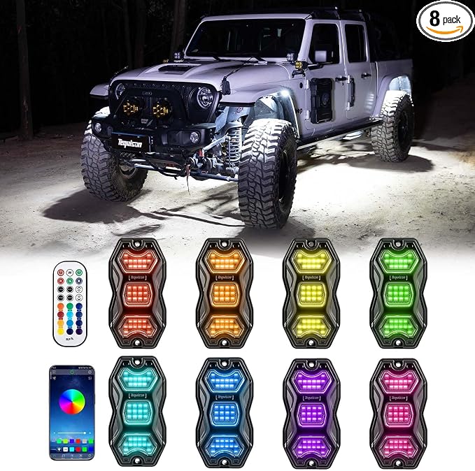 RGB Rock Lights for Trucks Jeep, 8 Pods with APP & RF Control, Pure White & 16M Colors, 20+ Dynamic Modes, Music & Voice Sync, IP67 Waterproof, Includes 4x6.7ft Extension Wires