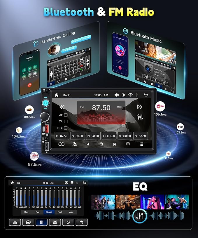 Car Stereo Double Din Radio, 7 inch Touch Screen Radio Car Audio Receivers, 2 Din Bluetooth Stereo, Mirror Link, FM EQ SWC USB Backup Camera Type-C Fast Charging