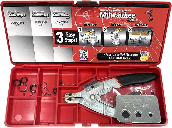 MRTK Just Clips Snap Ring Tool Kit for Milwaukee Cordless Tools with Snap Ring Pliers, ClipKey and Milwaukee Style snap rings and o-rings