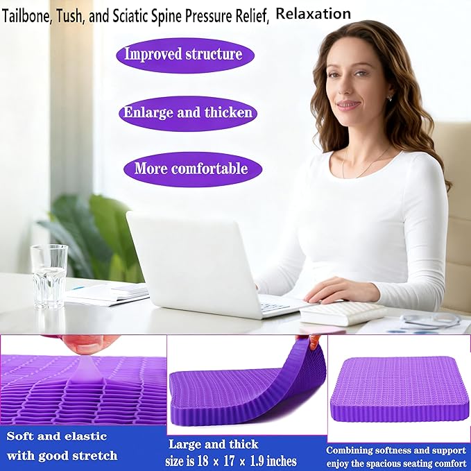 Innovative Gel Seat Cushion for Long Sitting, Seat Cushion for Back, Sciatica, Hip, Tailbone Pain Relief, Large and Thick, Used for The Office, Wheelchair, Recliner, Car, Truck.(Púrpura)