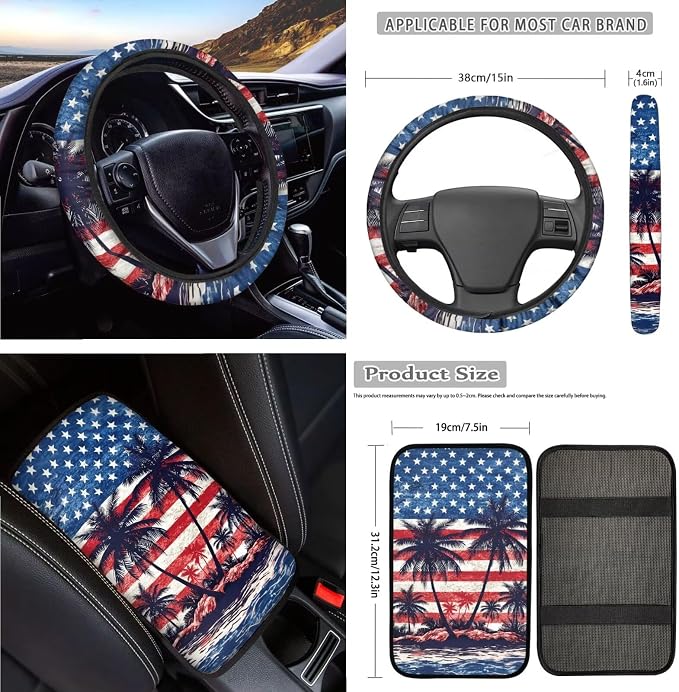 Coconut Tree Print Car Front Rear Seat Covers American Flag Print Car Interior Covers Set Includes Steering Wheel Cover Safety Belt Pads Center Console Pad 250 Year Auto Decor