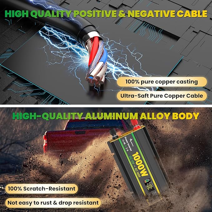 1000W Power Inverter 12V to 110V for Vehicles/Truck/Car/Laptop, 1000 Watt Car Power Inverter with Cigarette Lighter/LED Display/100A Battery Cables/2 AC Outlets/2 USB Port, Surge 2000W Car Inverter