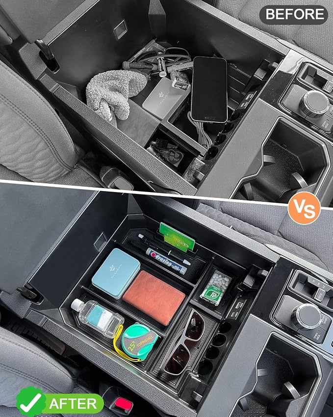 TOPINSTALL Center Console Black Tray and Red Rubber Liners Compatible with 2022 2023 2024 Toyota Tundra Accessories, Anti-Dust Dress Up The Interior