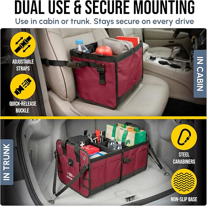 5-Section Trunk Organizer for SUV, Truck, Sedan, Van – Modular Extra Large Cargo Storage Bin, Detachable Car Trunk Organizer with Dividers, Collapsible Auto Organization System – Cherry Red