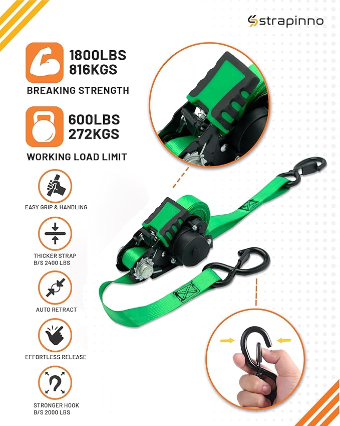 Strapinno Retractable Ratchet Straps - 1 in x 12 ft Heavy Duty Tie Downs, 1800lbs Breaking Strength Each, S Hooks with Safety Clip, AutoRetract, for Moving, Motorcycle, Boat, Kayak, and Cargo (4 PCS)