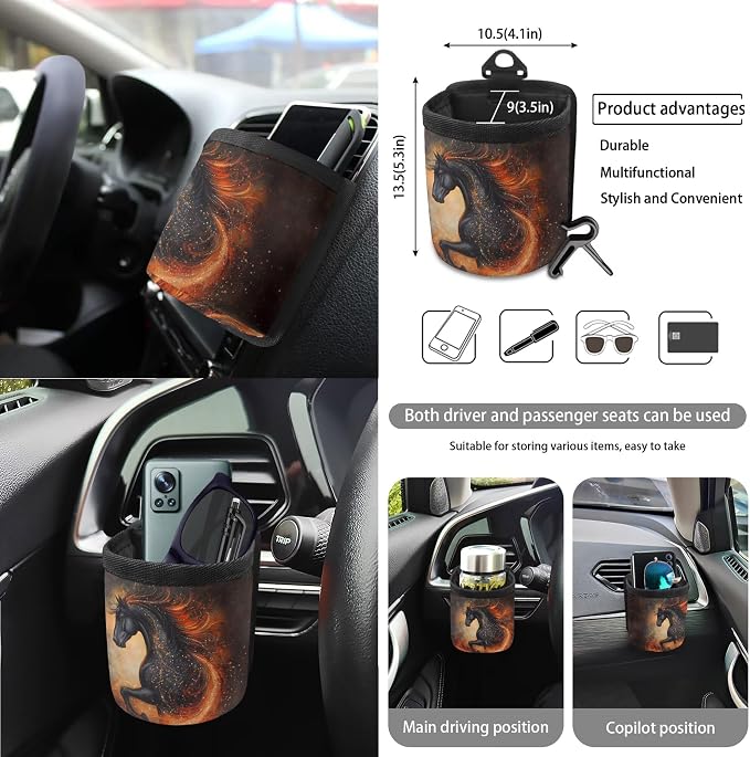 Horse Flame Print Car Accessories Full Set of 15 Car Seat Covers Seatbelt Strap Covers Steering Wheel Cover Air Vent Storage Bag Rearview Mirror Cover Cup Holder Key Chain Car Decor