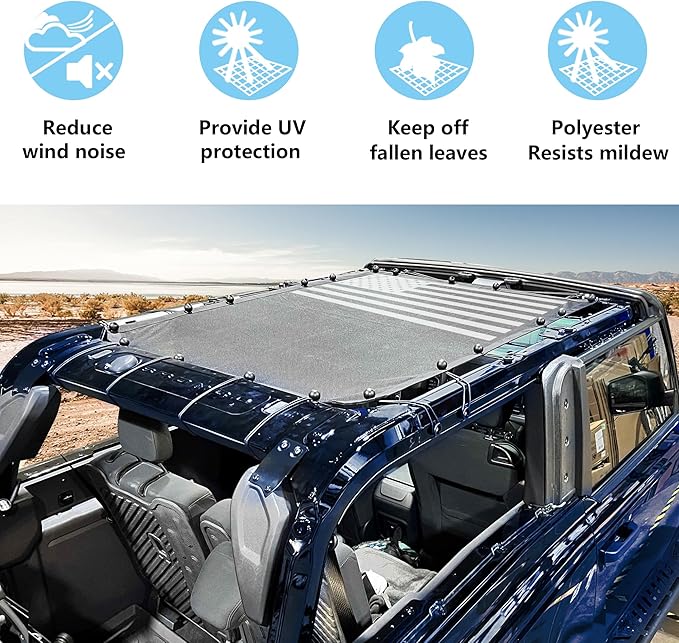 sukemichi 2 Door Sunshade for Ford Bronco,Mesh Sun Shade Bikini Top Cover Bimini Top for Ford Bronco Accessories 2021 2022 2023 2024 2025 2026 2 Door - Blocks UV, Wind, Noise(Flag)