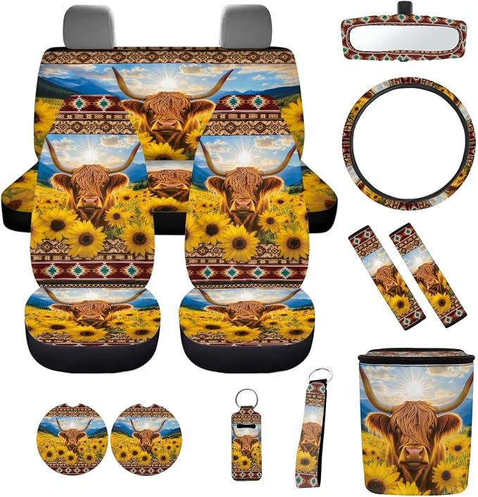 Sunflower Highland Cow Car Seat Covers Set of 12 Seat Belt Pad Cover Steering Wheel Cover Car Trash Can Rear View Mirror Cover Cup Coasters Keychains Keychain Holder