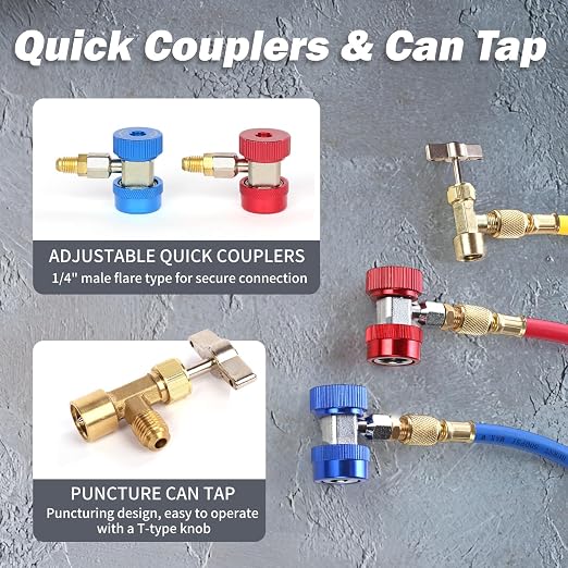 PB Motor Tech 3 Way AC Manifold Gauge Set for R134A, R12, R22 & R502 Refrigerants with Quick Couplers, 410 Adapter, Puncturing Can Tap & Valve Core Tool, for Automotive & Household AC Maintenance