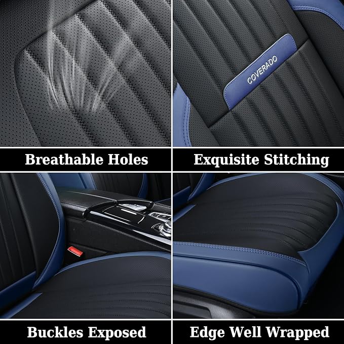 Coverado Car Seat Covers Front, Seat Covers for Cars, Waterproof 2-Pack Car Seat Cushions, Leather Carseat Seat Protectors, Universal Seat Covers Fit for Most Sedans SUV Pick-up Trucks(Blue&Black)