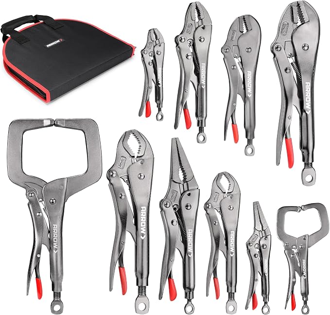 ARROW 10-piece Locking Pliers Set with Tool Bag, Chromium-Molybdenum Vice Grips, 5"/7" Curved Jaw, 6.5"/9.5" Long Nose, 7"/10" Straight Jaw, 7"/10" V-Jaw, 6"/11" C-Clamp Vise Grip Pliers